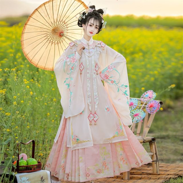 Set: Floral Embroidered Hanfu Long Blouse + Camisole Top + Maxi Skirt + Scarf SpreePicky