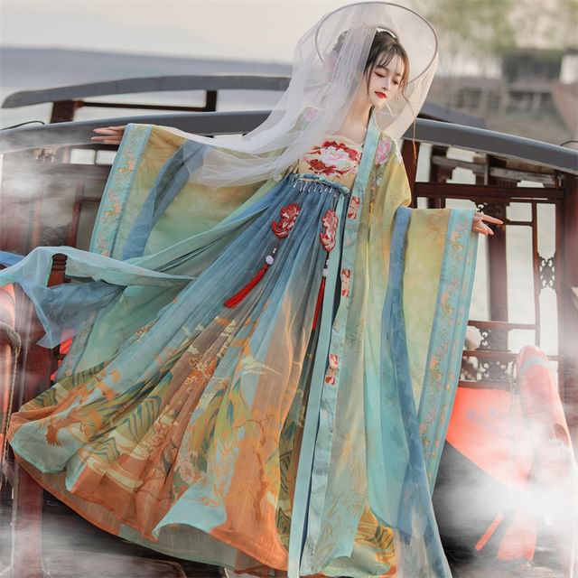 Set: Floral Embroidered Hanfu Maxi Dress + Long Light Jacket + Scarf + Fish Hanging Deco SpreePicky