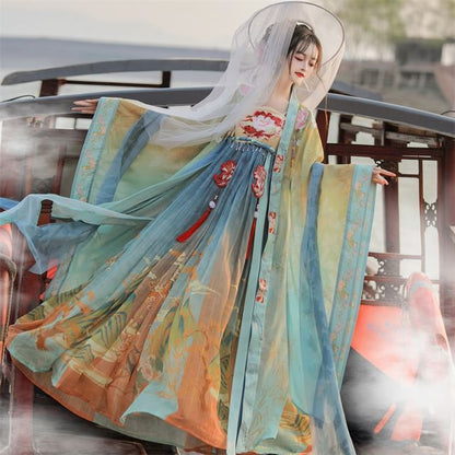 Set: Floral Embroidered Hanfu Maxi Dress + Long Light Jacket + Scarf + Fish Hanging Deco SpreePicky