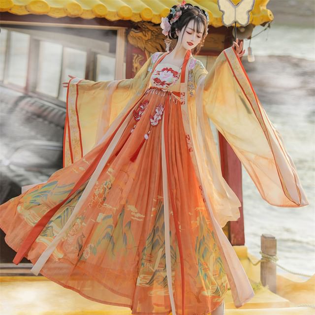 Set: Floral Embroidered Hanfu Maxi Dress + Long Light Jacket + Scarf + Fish Hanging Deco SpreePicky