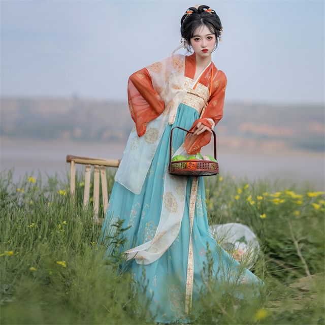 Set: Floral Hanfu Maxi Dress + Long Light Jacket SpreePicky