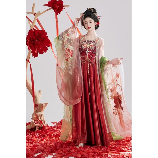 Set: Floral Embroidered Hanfu Maxi Dress + Long Light Jacket + Scarf SpreePicky