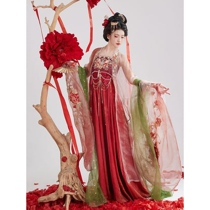 Set: Floral Embroidered Hanfu Maxi Dress + Long Light Jacket + Scarf SpreePicky