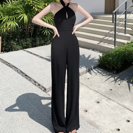 Halter Plain Cutout Loose Fit Jumpsuit mySite