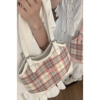 Bow Embroidered Plaid Panel Tote Bag SpreePicky