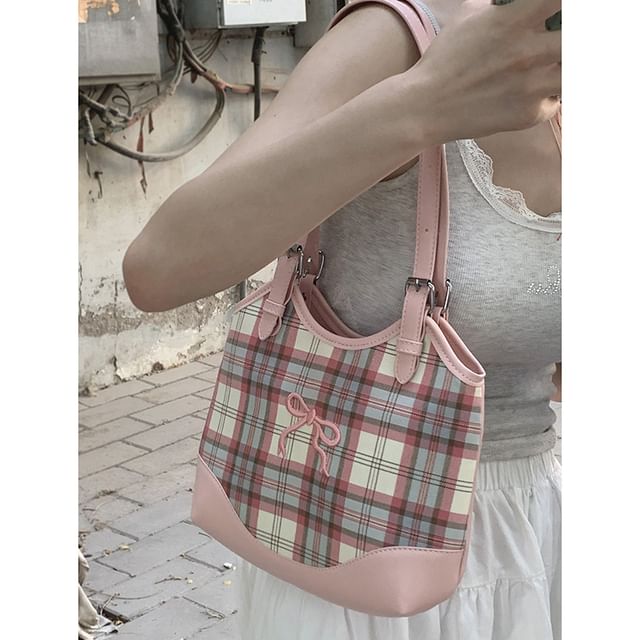 Bow Embroidered Plaid Panel Tote Bag SpreePicky