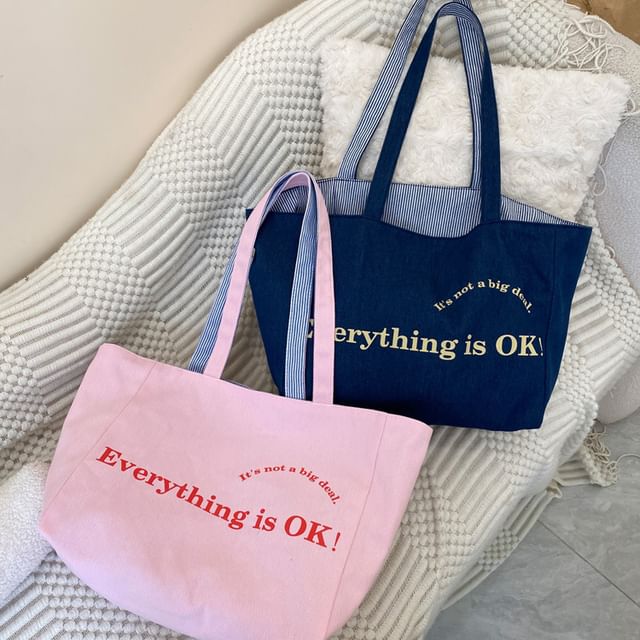 Lettering Print Canvas Tote Bag mySite