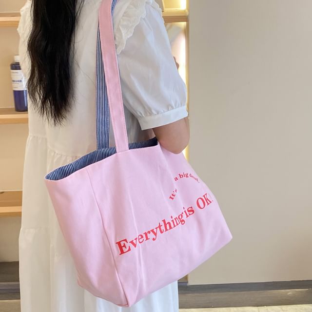 Lettering Print Canvas Tote Bag mySite