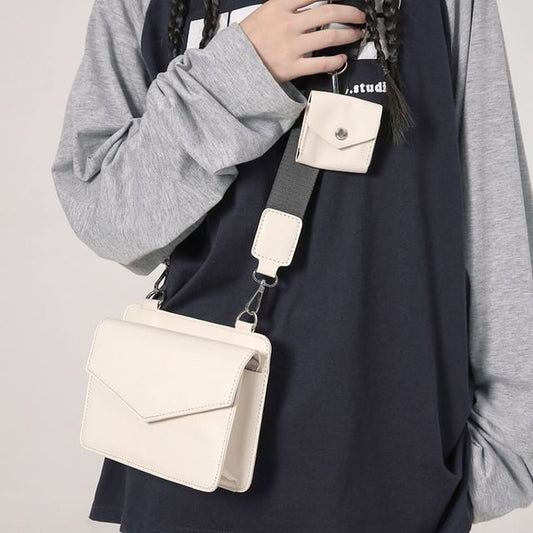 Set: Faux Leather Plain Flap Crossbody Bag + Coin Purse mySite