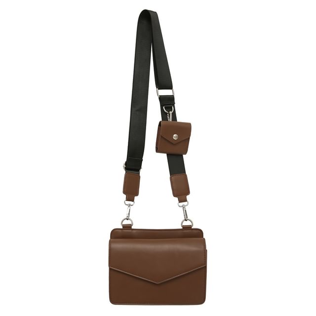 Set: Faux Leather Plain Flap Crossbody Bag + Coin Purse mySite