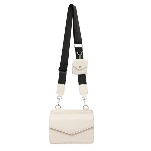 Set: Faux Leather Plain Flap Crossbody Bag + Coin Purse mySite