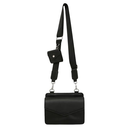 Set: Faux Leather Plain Flap Crossbody Bag + Coin Purse mySite