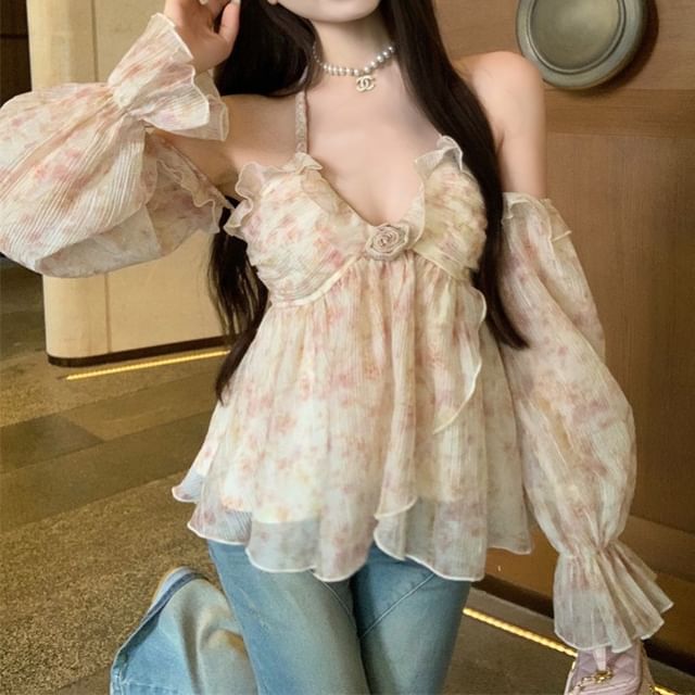 Floral Top Ruffle Halter FashionChic