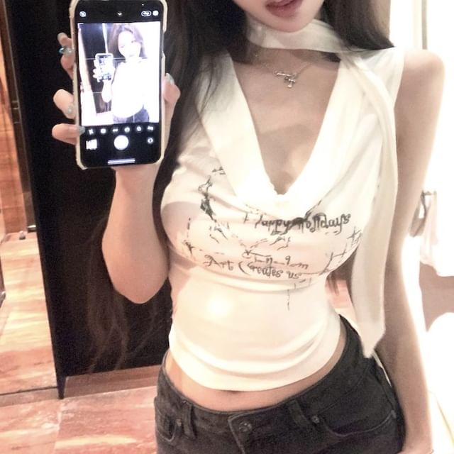 Cowl Lettering Top Choker-Neck Tank Neck Crop FashionChic