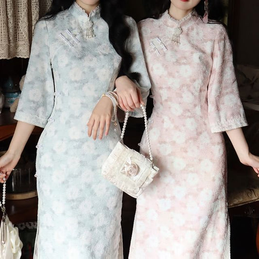 3/4-Sleeve Floral Print Jacquard Lace Trim Frog Buttoned Slit Midi Sheath Qipao SpreePicky