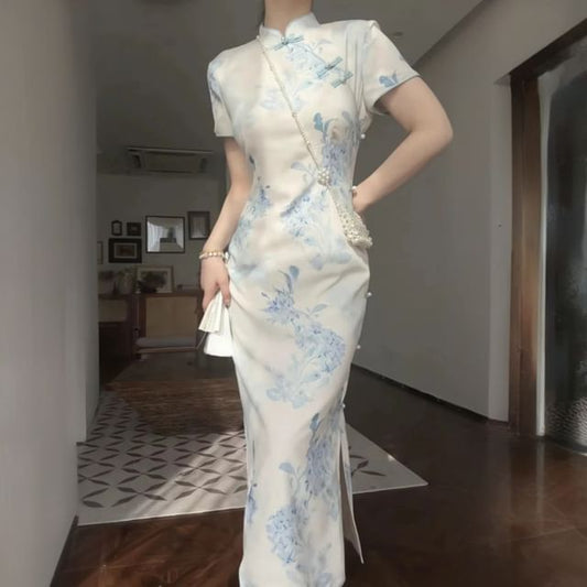 Short-Sleeve Stand Collar Floral Print Frog Buttoned Slit Midi Sheath Qipao SpreePicky