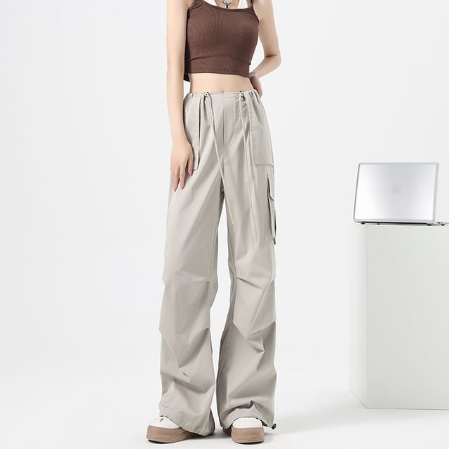 High Waist Drawstring Pocket Parachute Cargo Pants SpreePicky