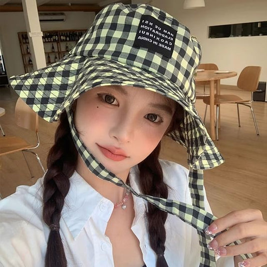 Checkered Cotton Bucket Hat With Chin Strap SpreePicky