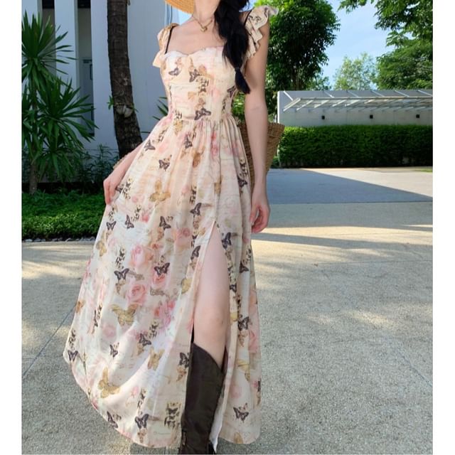 Ruffle Strap Floral Print Slit Midi Sundress SpreePicky