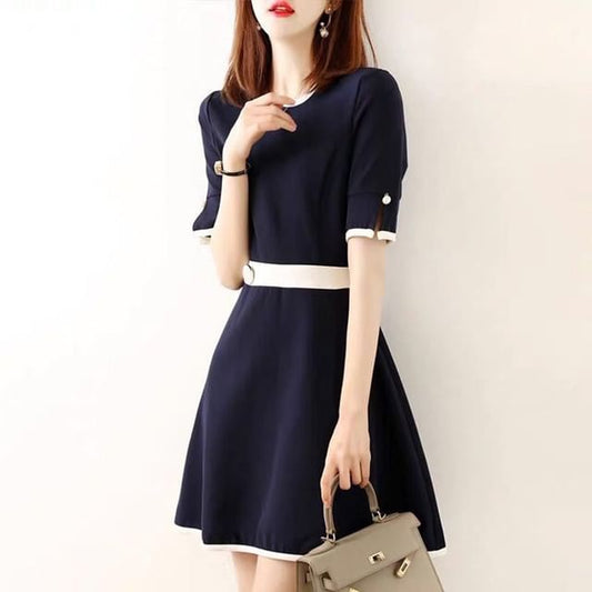 Short-Sleeve Crew Neck Contrast Trim Mini A-Line Dress mySite