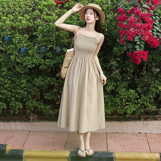 Spaghetti Strap Plain Smocked Midi A SpreePicky