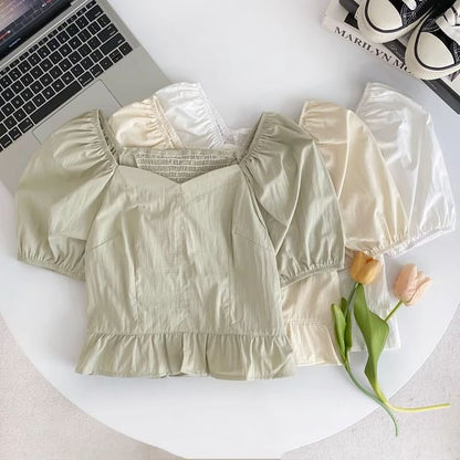 Short-Sleeve Square Neck Plain Ruffle Blouse mySite