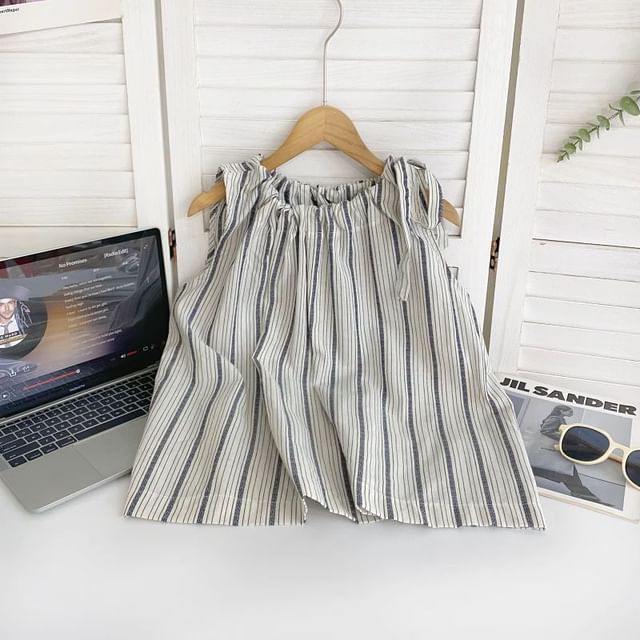 Sleeveless Round Neck Striped Drawstring Top mySite