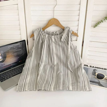 Sleeveless Round Neck Striped Drawstring Top mySite