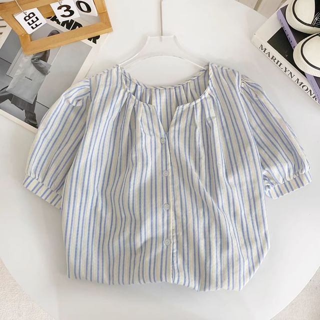 Short-Sleeve V-Neck Ruched Blouse mySite