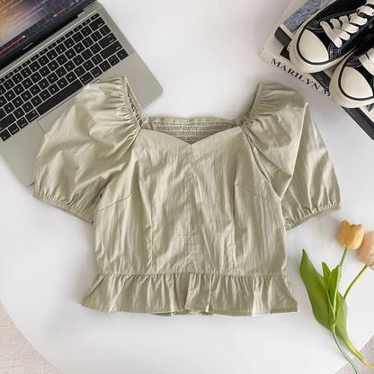 Short-Sleeve Square Neck Plain Ruffle Blouse mySite