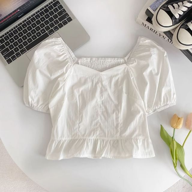 Short-Sleeve Square Neck Plain Ruffle Blouse mySite