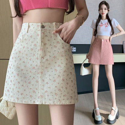 High Waist Floral Denim Mini Pencil Skirt SpreePicky