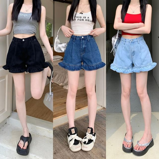 High Waist Ruffle Hem Denim Shorts mySite