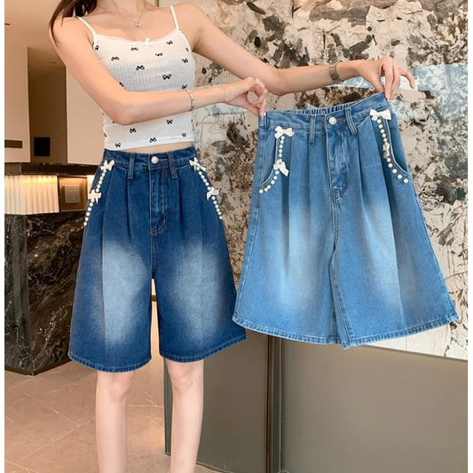 High Waist Bow Beaded Washed Denim Shorts SpreePicky