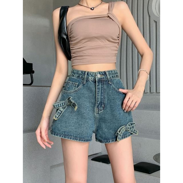 High Waist Bow Denim Shorts SpreePicky