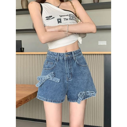 High Waist Bow Denim Shorts SpreePicky