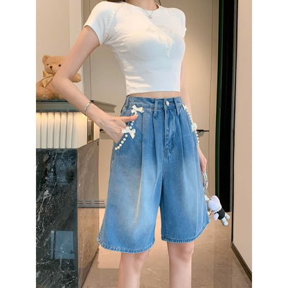 High Waist Bow Beaded Washed Denim Shorts SpreePicky