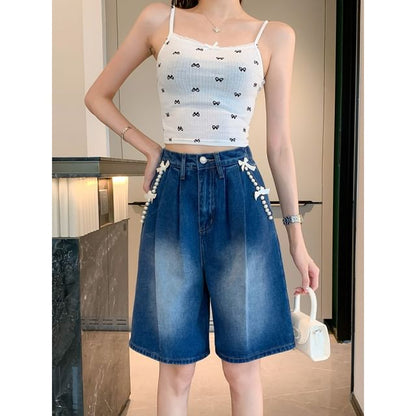 High Waist Bow Beaded Washed Denim Shorts SpreePicky