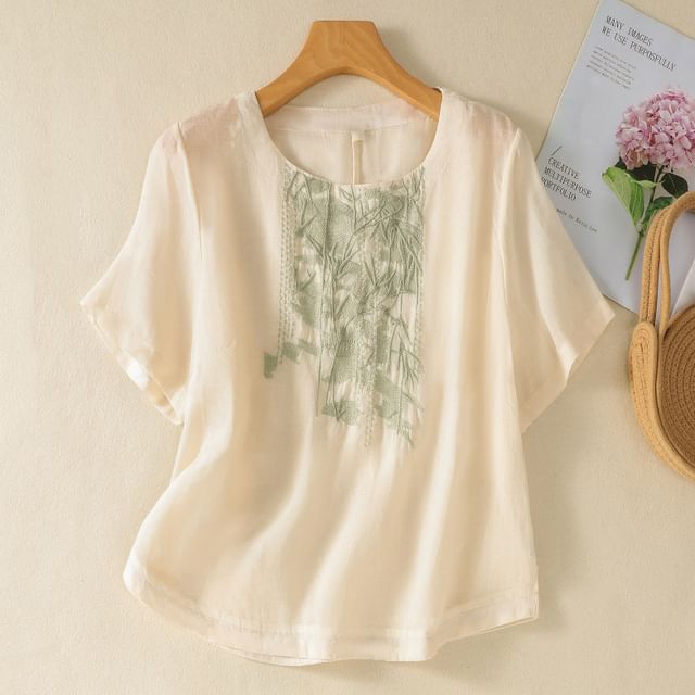 Short-Sleeve Leaf Embroidered Blouse SpreePicky