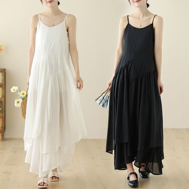 Spaghetti Strap Plain Asymmetrical Maxi Sundress SpreePicky