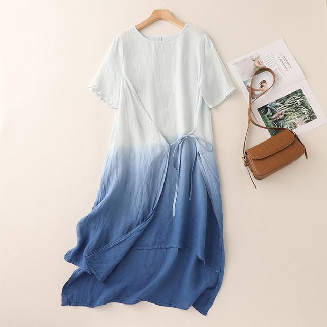 Short-Sleeve Gradient Asymmetrical Midi Sundress SpreePicky