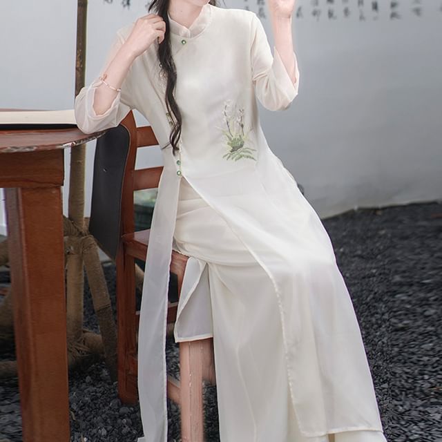 Set: 3/4-Sleeve Flower Embroidered Midi Hanfu Dress + Plain Wide Leg Pants SpreePicky