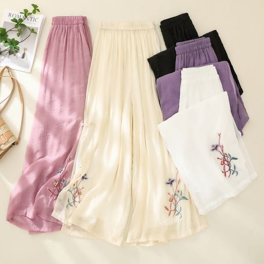 High Waist Flower Embroidered Wide Leg Pants SpreePicky