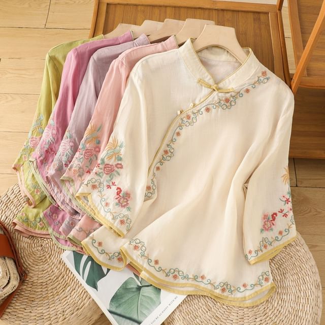 Elbow-Sleeve Flower Embroidered Blouse SpreePicky