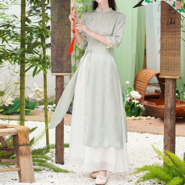 Elbow-Sleeve Floral Side-Slit Midi Hanfu Dress / High Waist Plain Wide Leg Pants / Set SpreePicky