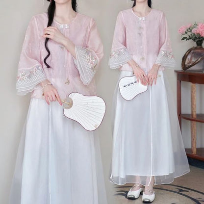 Flared-Sleeve Flower Embroidered Blouse / High Rise Plain Maxi A-Line Skirt SpreePicky