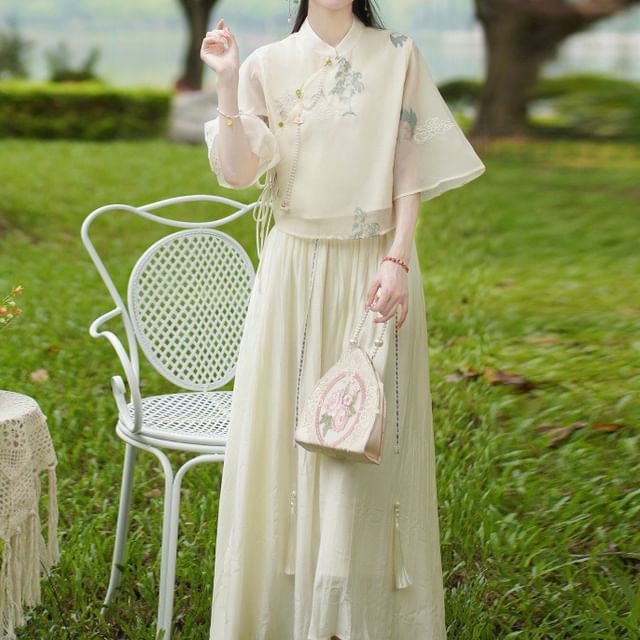 Set: Elbow-Sleeve Flower Embroidered Blouse + High Rise Plain Maxi A-Line Skirt SpreePicky