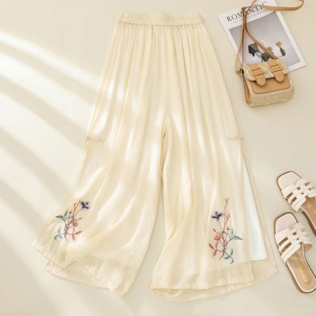 High Waist Flower Embroidered Wide Leg Pants SpreePicky