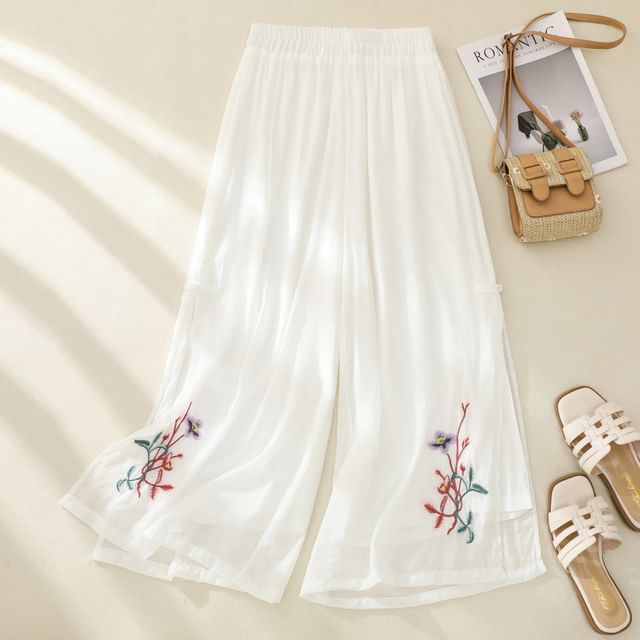 High Waist Flower Embroidered Wide Leg Pants SpreePicky