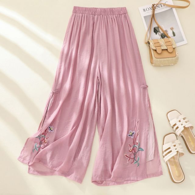 High Waist Flower Embroidered Wide Leg Pants SpreePicky